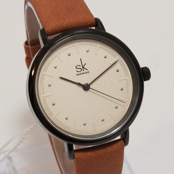 Ladies Retro Style Watch Black Case Silver Tone Indices Suede Strap 36mm - Picture 5 of 12